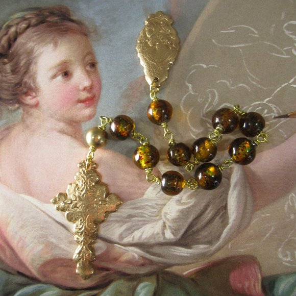 Romantic Mary Pocket Rosary, Foil Glass One Decade - Picture 1 of 4